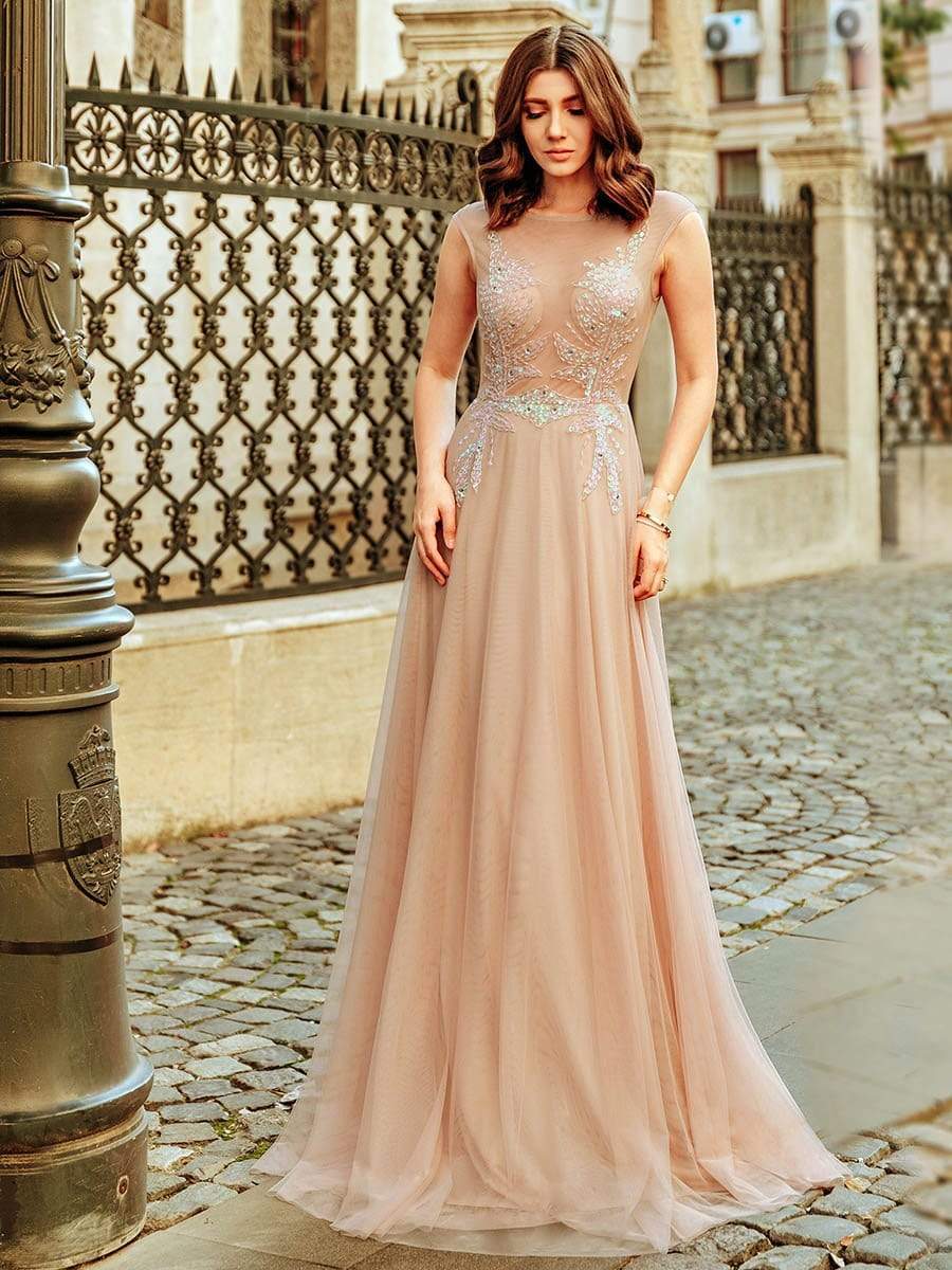 Color=Beige | Women'S A-Line See-Through Cap Sleeve Evening Dress-Beige 3 Color=Beige | Women'S A-Line See-Through Cap Sleeve Evening Dress-Beige 3