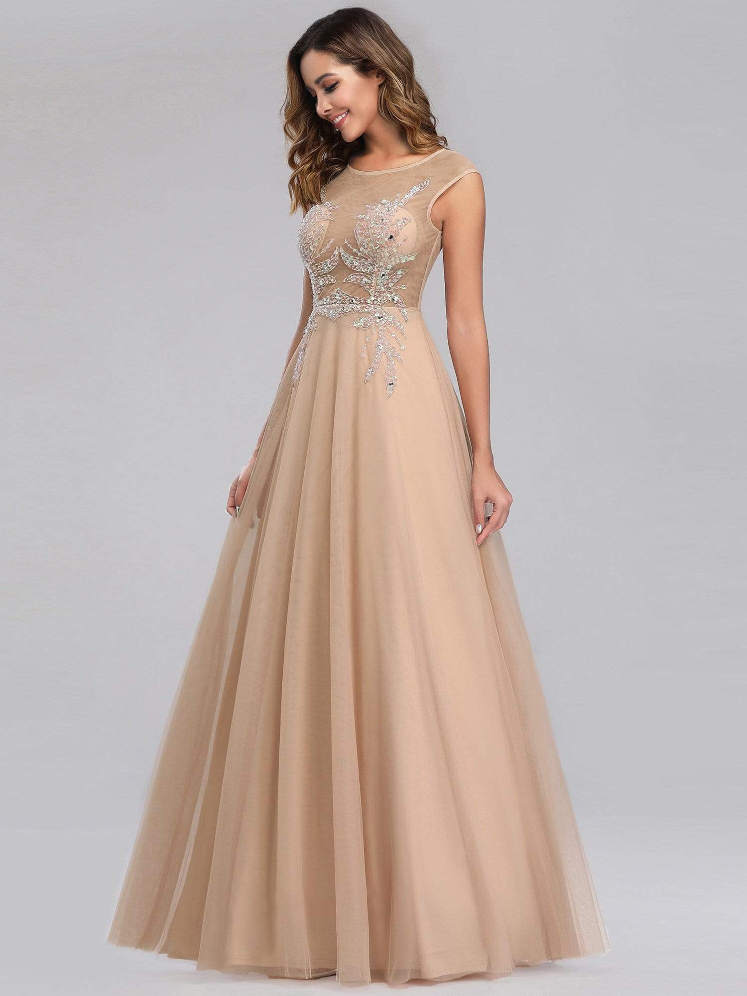 Color=Beige | Women'S A-Line See-Through Cap Sleeve Evening Dress-Beige 12 Color=Beige | Women'S A-Line See-Through Cap Sleeve Evening Dress-Beige 12