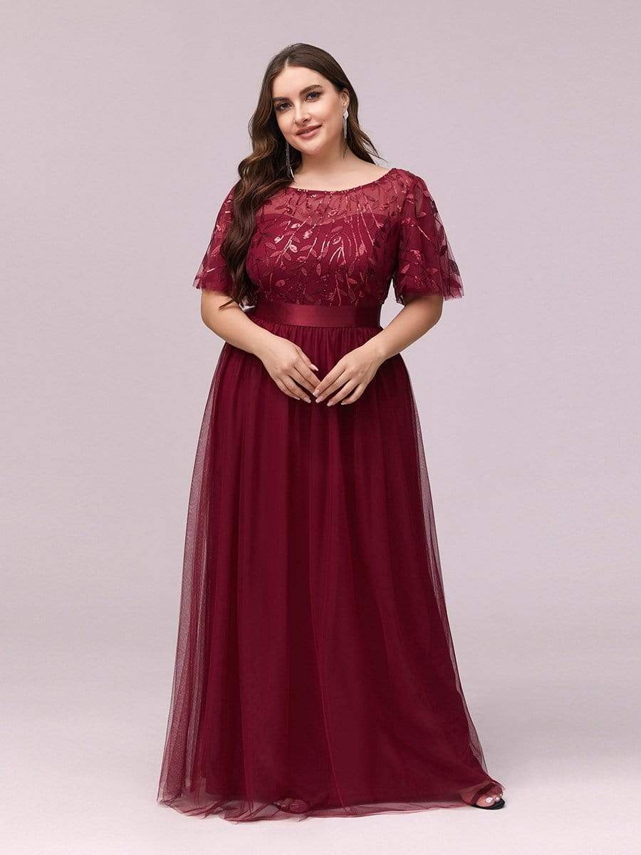 COLOR=Burgundy | Plus Size Women'S Embroidery Evening Dresses With Short Sleeve-Burgundy 1 COLOR=Burgundy | Plus Size Women'S Embroidery Evening Dresses With Short Sleeve-Burgundy 1