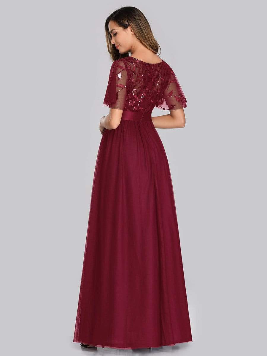 COLOR=Burgundy | Women'S A-Line Short Sleeve Embroidery Floor Length Evening Dresses-Burgundy 4 COLOR=Burgundy | Women'S A-Line Short Sleeve Embroidery Floor Length Evening Dresses-Burgundy 4