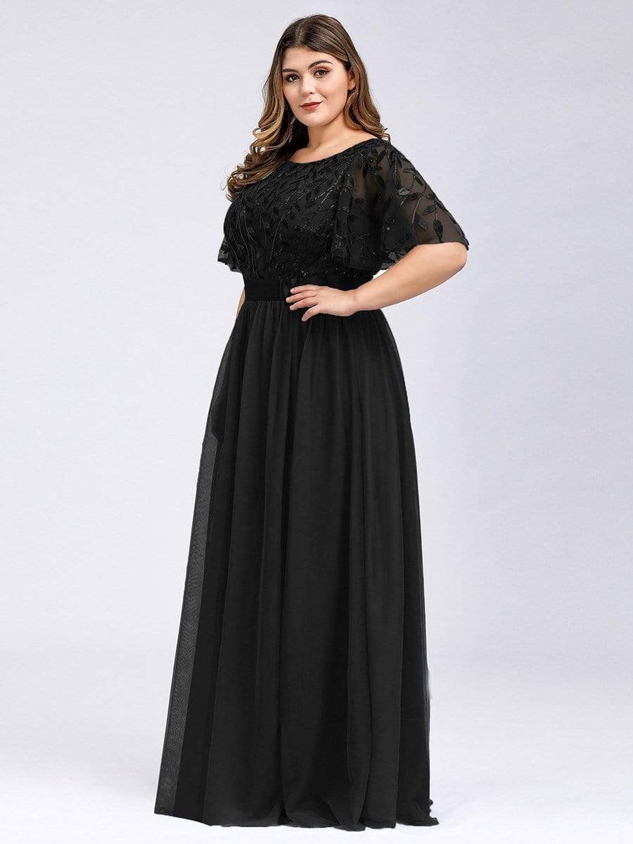 Color=Black | Plus Size Women'S Embroidery Evening Dresses With Short Sleeve-Black 3 Color=Black | Plus Size Women'S Embroidery Evening Dresses With Short Sleeve-Black 3