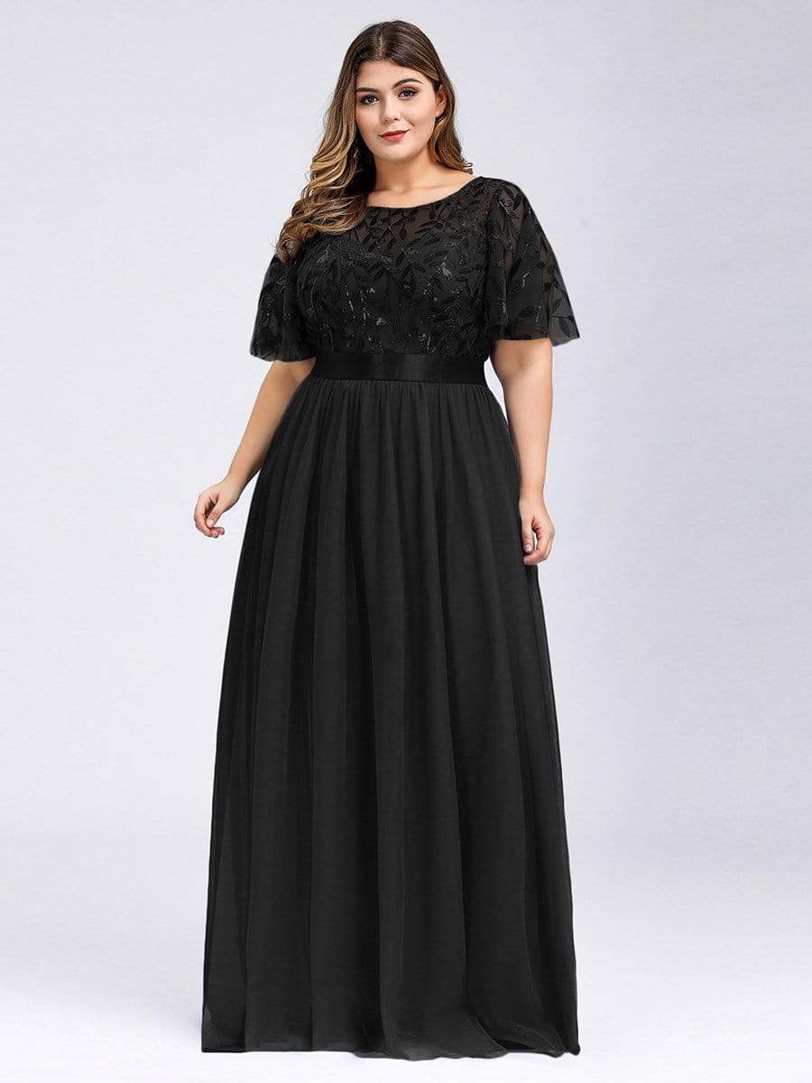 Color=Black | Plus Size Women'S Embroidery Evening Dresses With Short Sleeve-Black 4 Color=Black | Plus Size Women'S Embroidery Evening Dresses With Short Sleeve-Black 4