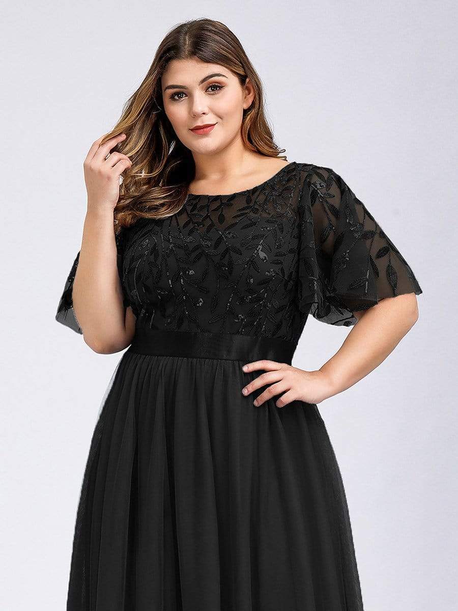 Color=Black | Plus Size Women'S Embroidery Evening Dresses With Short Sleeve-Black 5 Color=Black | Plus Size Women'S Embroidery Evening Dresses With Short Sleeve-Black 5