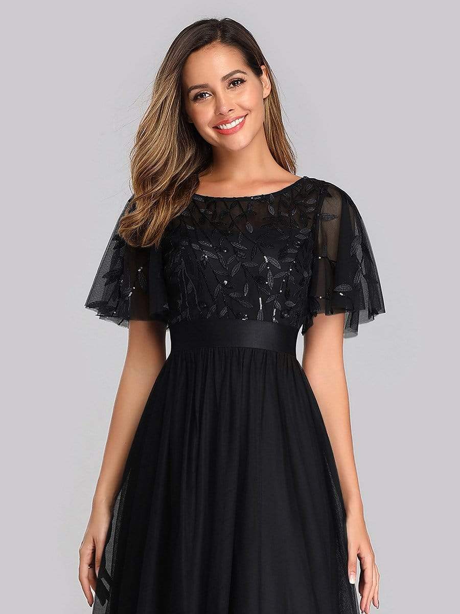 Color=Black | Women'S A-Line Short Sleeve Embroidery Floor Length Evening Dresses-Black 5 Color=Black | Women'S A-Line Short Sleeve Embroidery Floor Length Evening Dresses-Black 5