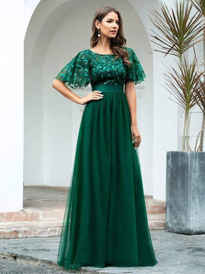 Color=Dark Green | Women'S A-Line Short Sleeve Embroidery Floor Length Evening Dresses-Dark Green 7