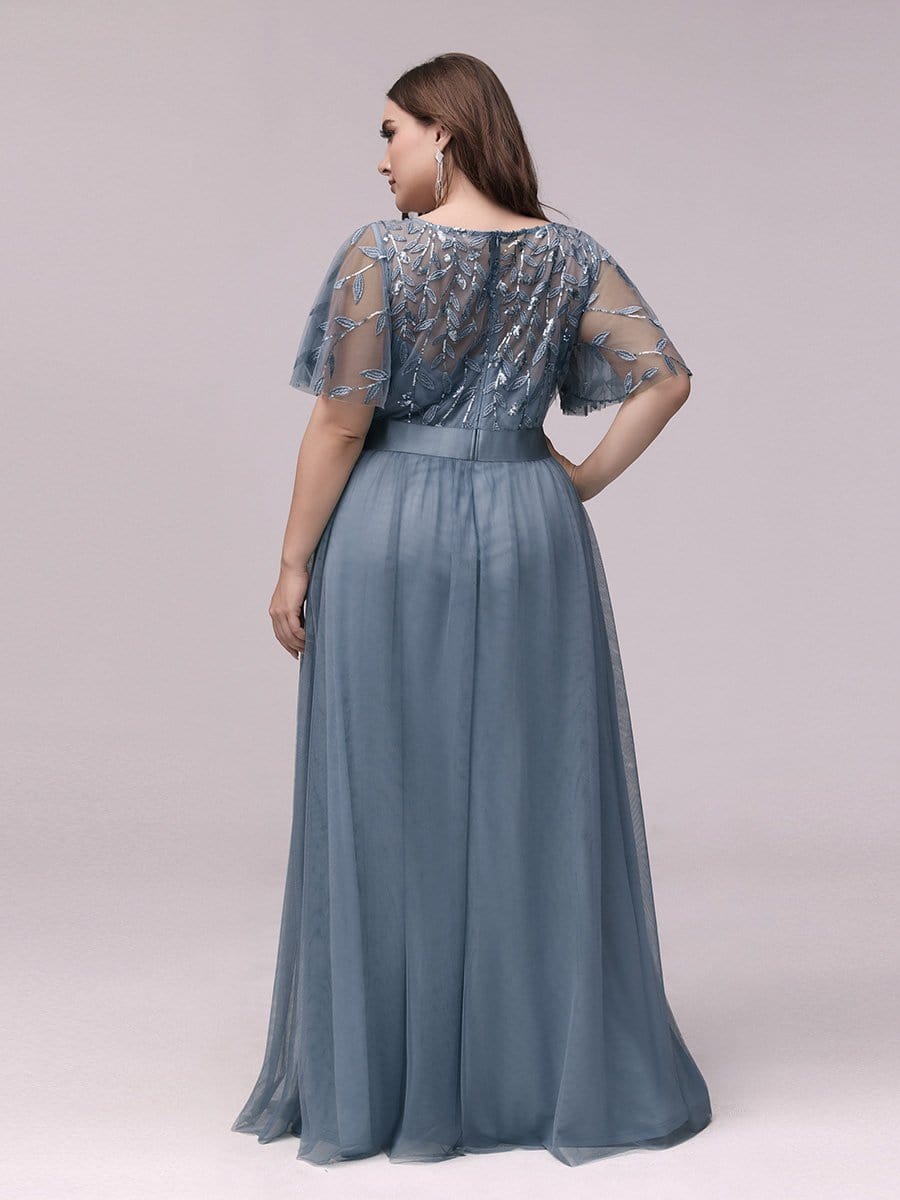 COLOR=Dusty Navy | Plus Size Women'S Embroidery Evening Dresses With Short Sleeve-Dusty Navy 2 COLOR=Dusty Navy | Plus Size Women'S Embroidery Evening Dresses With Short Sleeve-Dusty Navy 2