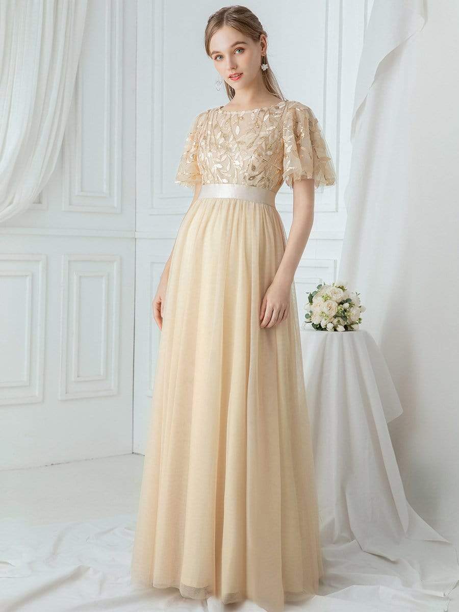COLOR=Gold | Women'S A-Line Short Sleeve Embroidery Floor Length Evening Dresses-Gold 12