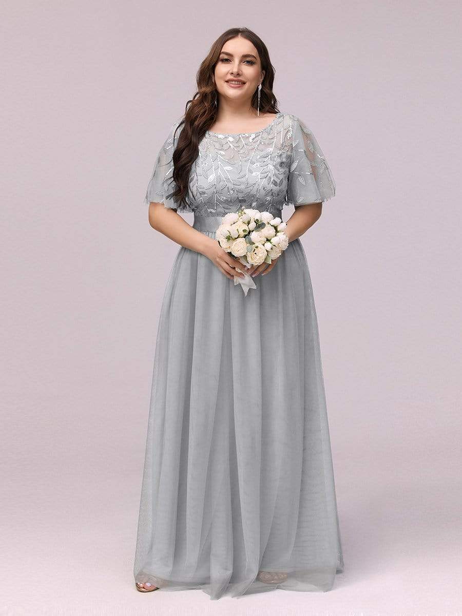 Color=Grey | Plus Size Women'S Embroidery Evening Dresses With Short Sleeve-Grey 4 Color=Grey | Plus Size Women'S Embroidery Evening Dresses With Short Sleeve-Grey 4