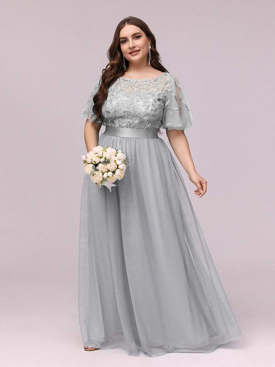 Color=Grey | Plus Size Women'S Embroidery Evening Dresses With Short Sleeve-Grey 1 Color=Grey | Plus Size Women'S Embroidery Evening Dresses With Short Sleeve-Grey 1