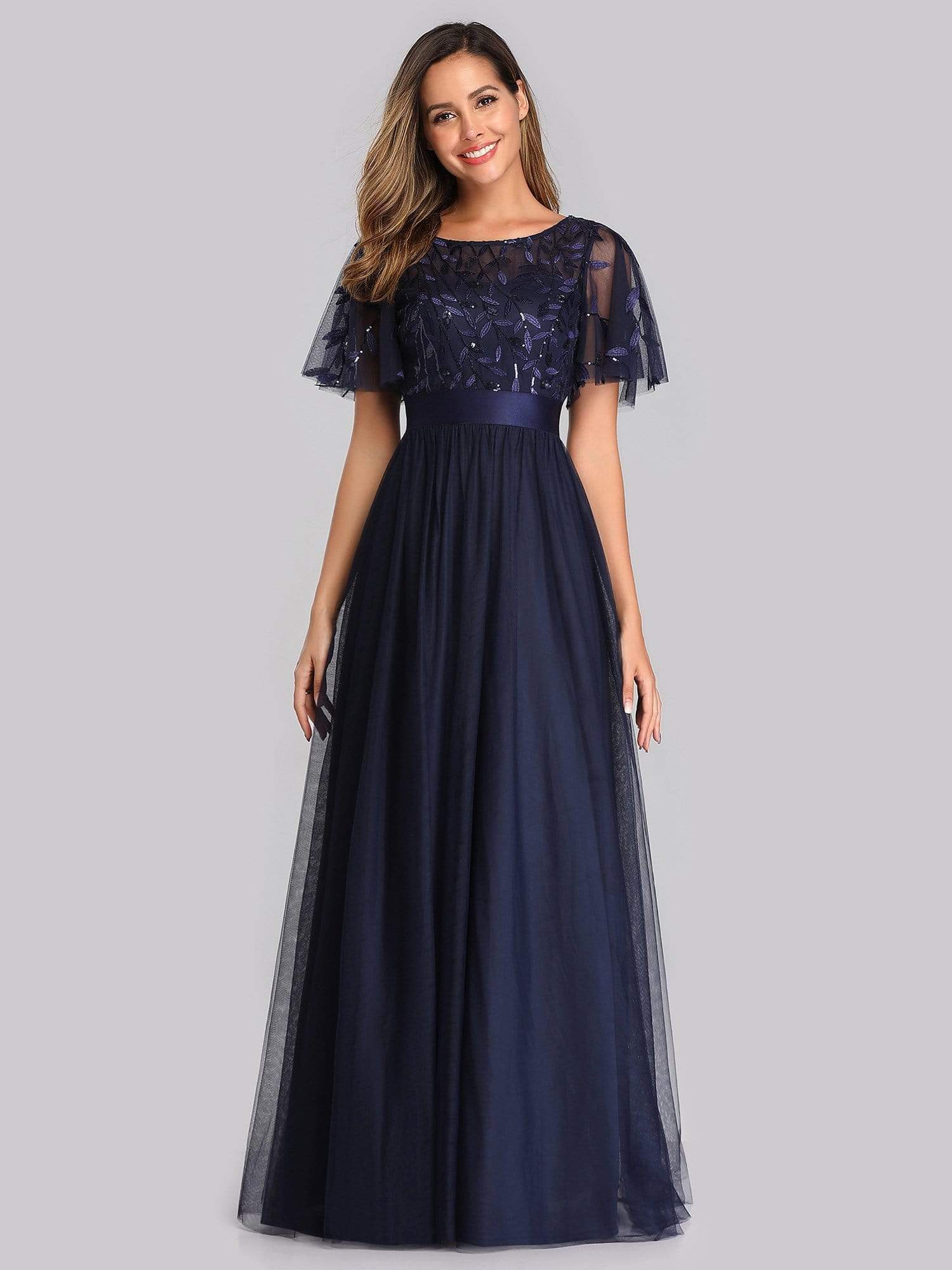 COLOR=Navy Blue | Women'S A-Line Short Sleeve Embroidery Floor Length Evening Dresses-Navy Blue 3 COLOR=Navy Blue | Women'S A-Line Short Sleeve Embroidery Floor Length Evening Dresses-Navy Blue 3
