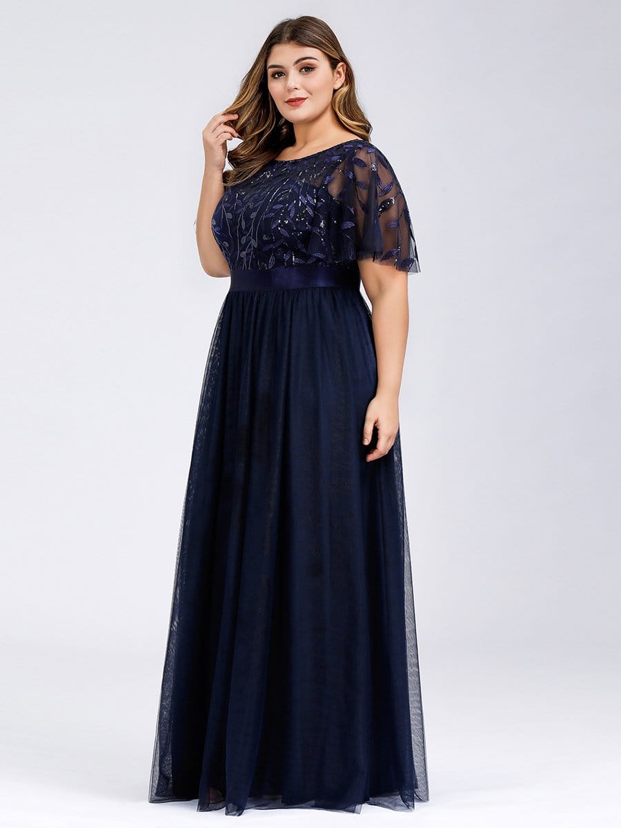 COLOR=Navy Blue | Plus Size Women'S Embroidery Evening Dresses With Short Sleeve-Navy Blue 4 COLOR=Navy Blue | Plus Size Women'S Embroidery Evening Dresses With Short Sleeve-Navy Blue 4