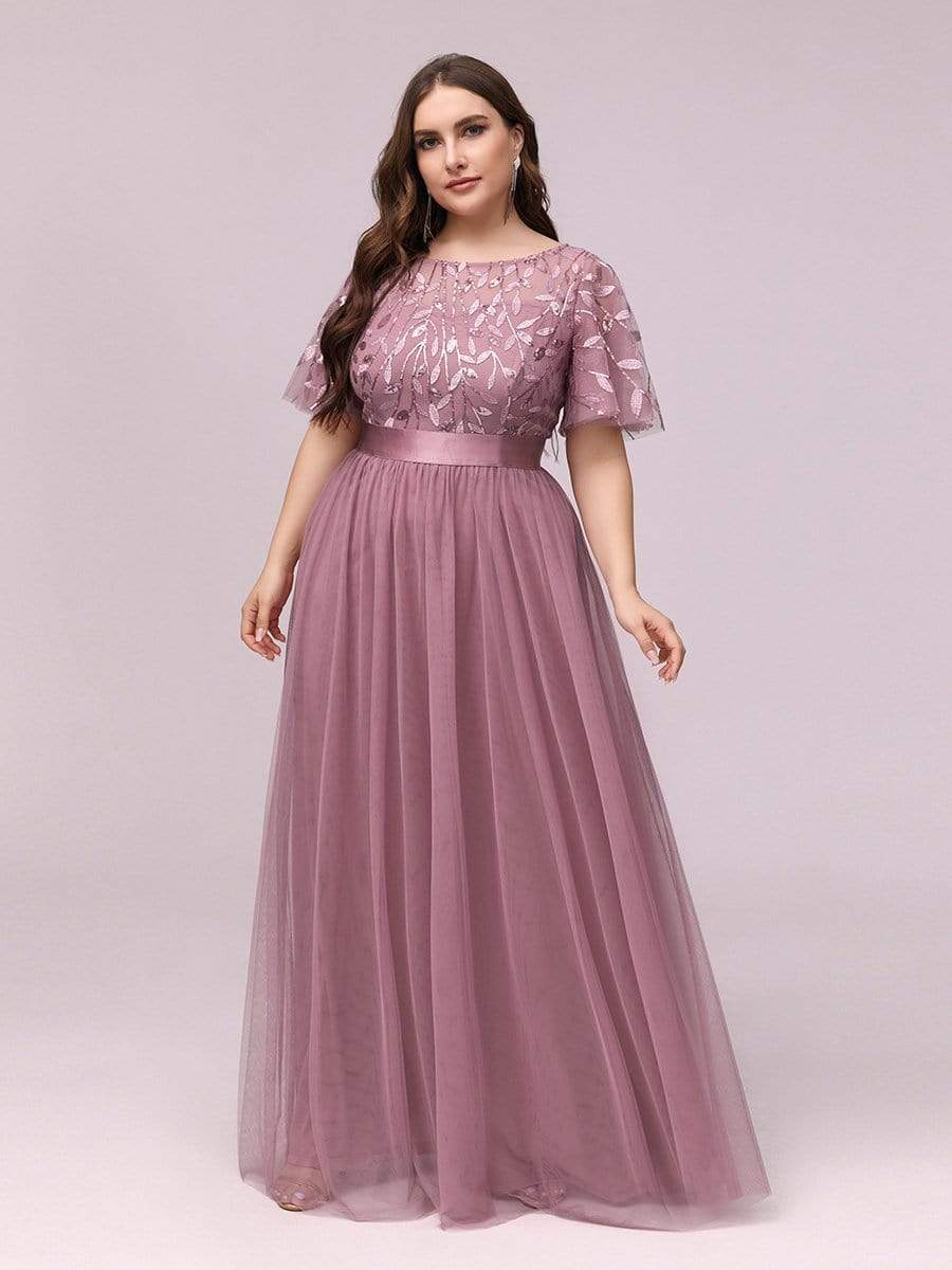Color=Purple Orchid | Plus Size Women'S Embroidery Evening Dresses With Short Sleeve-Purple Orchid 3