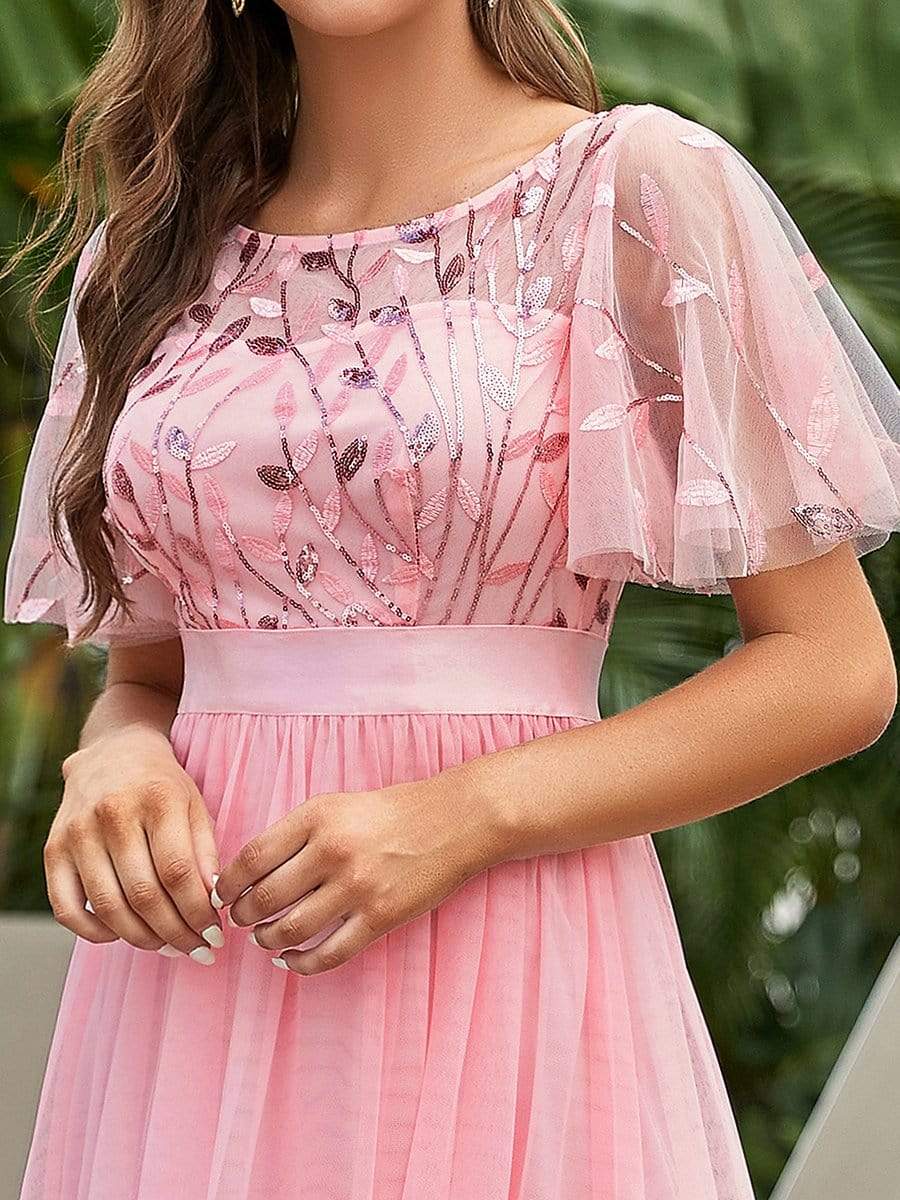 Color=Pink | Women'S A-Line Short Sleeve Embroidery Floor Length Evening Dresses-Pink 3 Color=Pink | Women'S A-Line Short Sleeve Embroidery Floor Length Evening Dresses-Pink 3