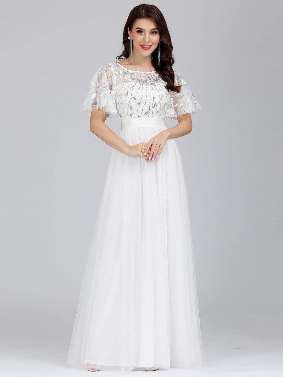 COLOR=White | Women'S A-Line Short Sleeve Embroidery Floor Length Evening Dresses-White 3 COLOR=White | Women'S A-Line Short Sleeve Embroidery Floor Length Evening Dresses-White 3