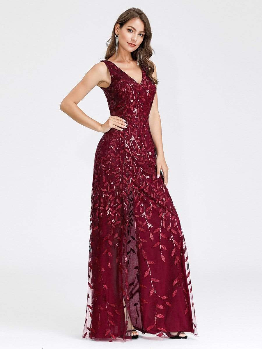 Color=Burgundy | Women'S V-Neck Embroidery Side Split Evening Party Maxi Dress-Burgundy 3 Color=Burgundy | Women'S V-Neck Embroidery Side Split Evening Party Maxi Dress-Burgundy 3