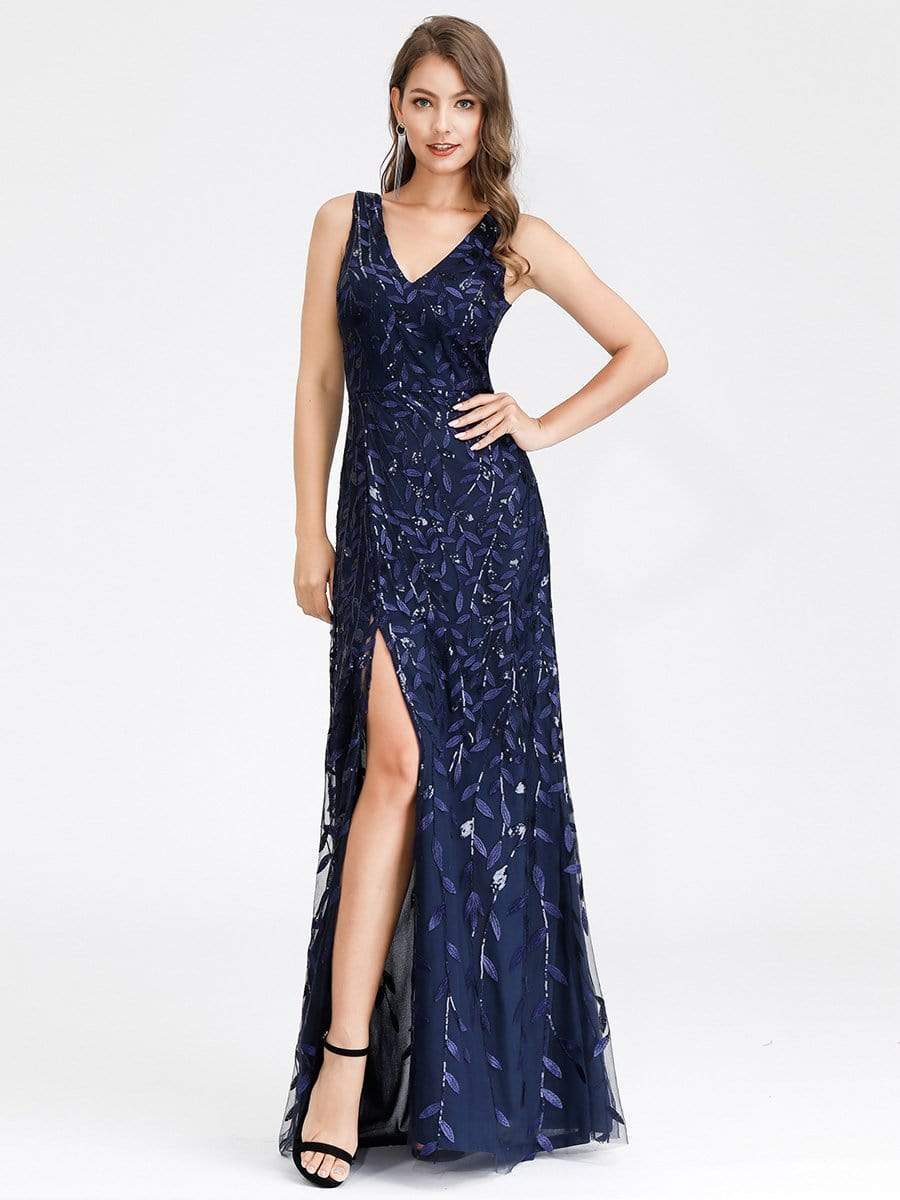 Color=Navy Blue | Women'S V-Neck Embroidery Side Split Evening Party Maxi Dress-Navy Blue 4 Color=Navy Blue | Women'S V-Neck Embroidery Side Split Evening Party Maxi Dress-Navy Blue 4