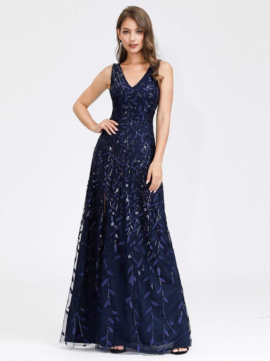 Color=Navy Blue | Women'S V-Neck Embroidery Side Split Evening Party Maxi Dress-Navy Blue 1 Color=Navy Blue | Women'S V-Neck Embroidery Side Split Evening Party Maxi Dress-Navy Blue 1