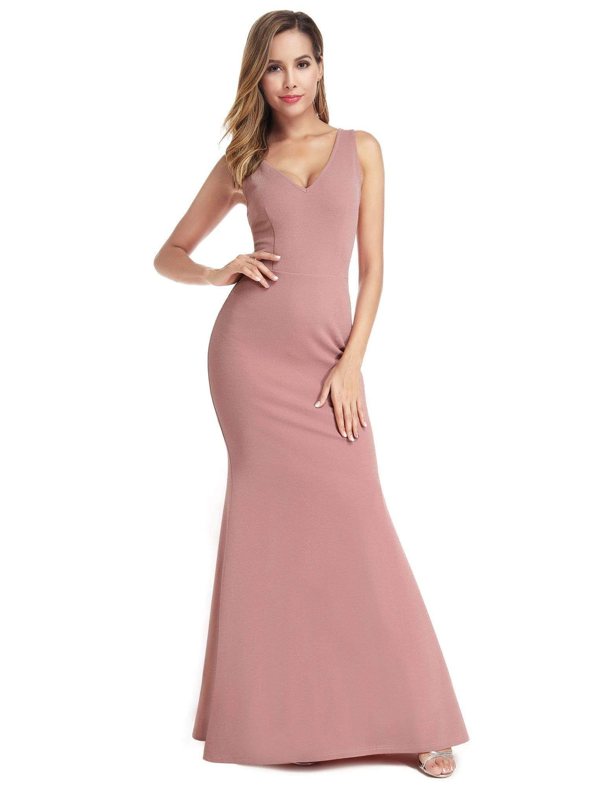 Color=Pink | Women'S V-Neck Backless Bodycon Floor Length Dress-Pink 1