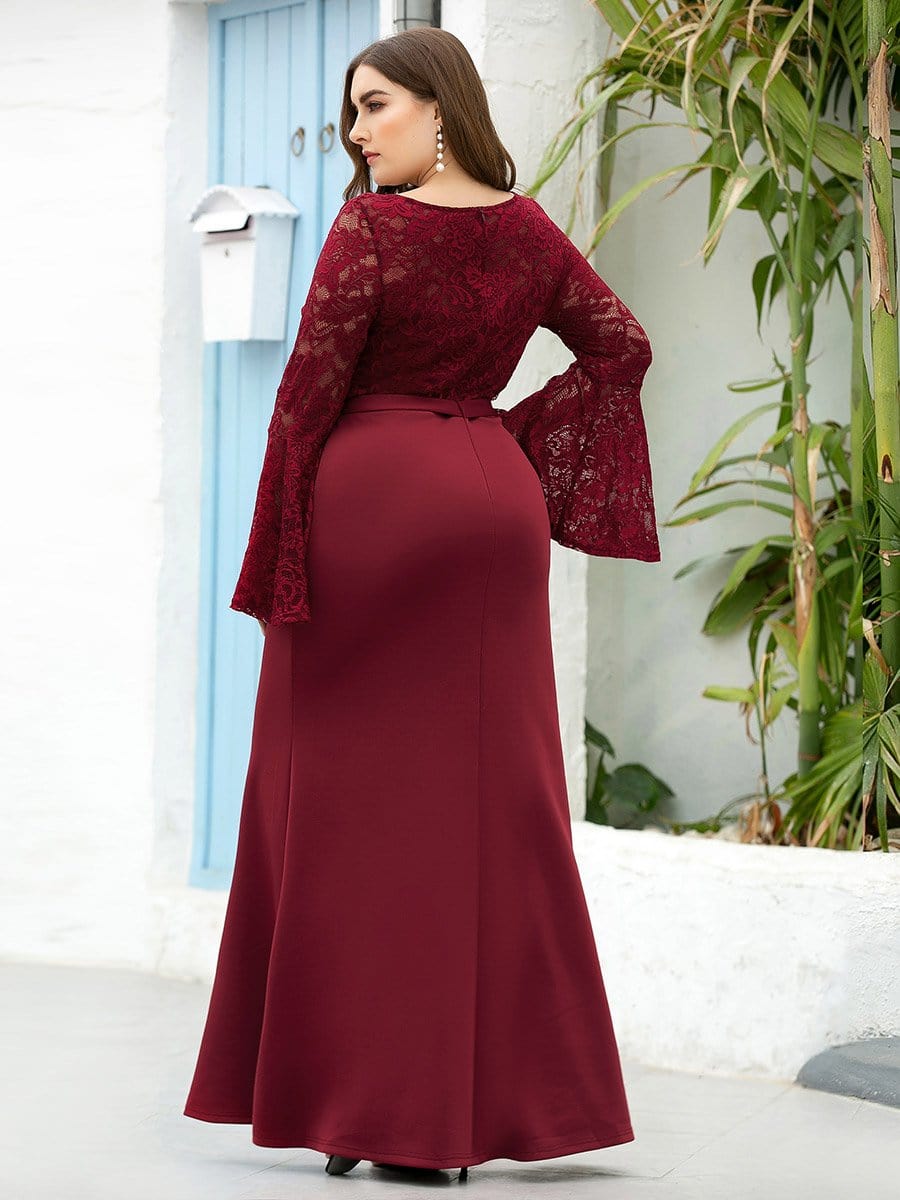 Color=Burgundy | Elegant Round Neckline Lace Mermaid Evening Dress-Burgundy 7 Color=Burgundy | Elegant Round Neckline Lace Mermaid Evening Dress-Burgundy 7