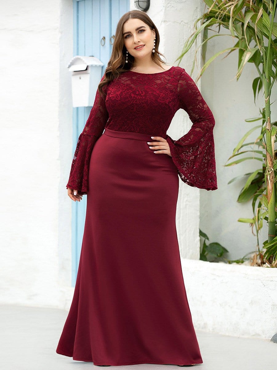 Color=Burgundy | Elegant Round Neckline Lace Mermaid Evening Dress-Burgundy 9 Color=Burgundy | Elegant Round Neckline Lace Mermaid Evening Dress-Burgundy 9