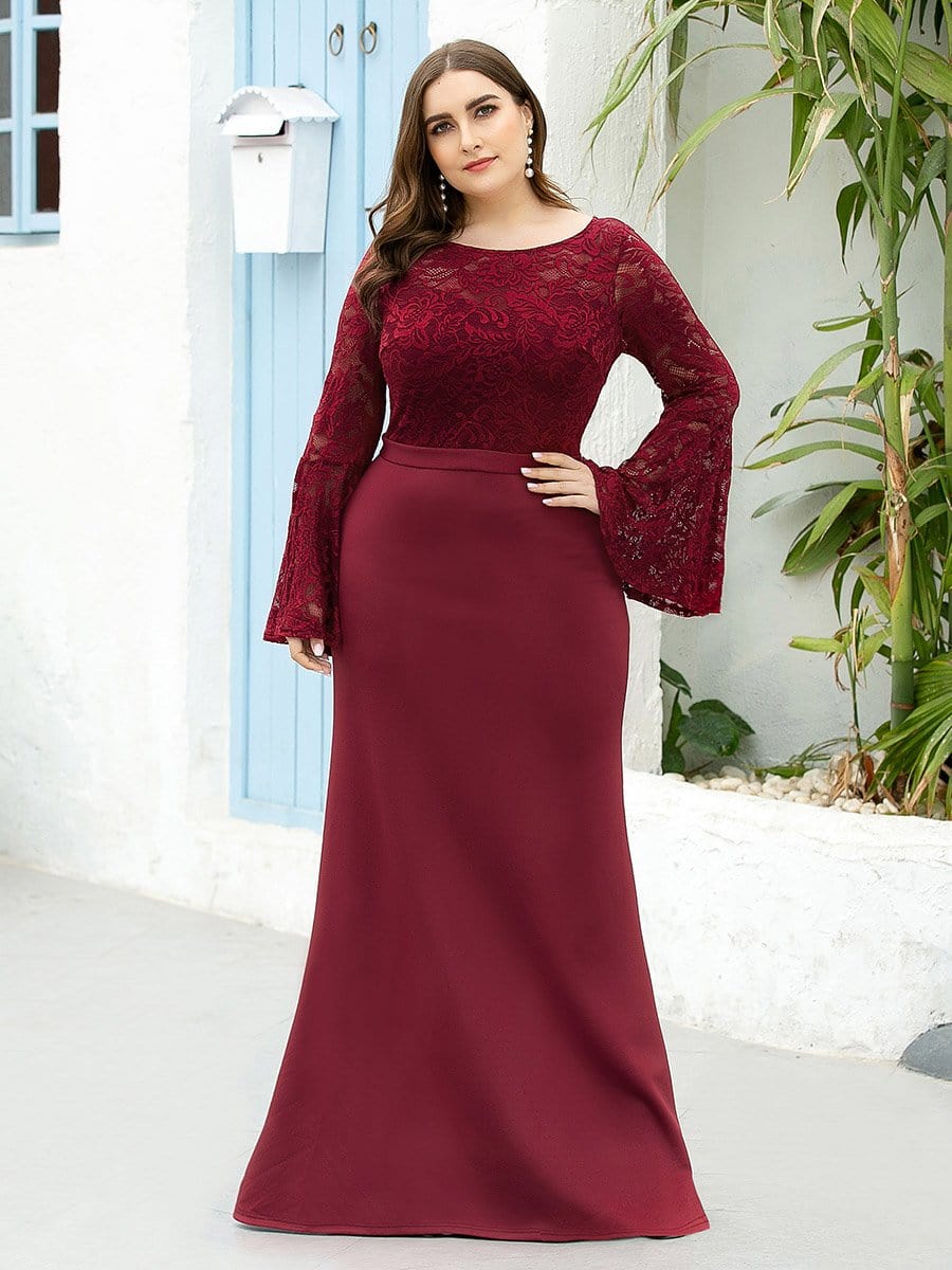 Color=Burgundy | Elegant Round Neckline Lace Mermaid Evening Dress-Burgundy 6 Color=Burgundy | Elegant Round Neckline Lace Mermaid Evening Dress-Burgundy 6