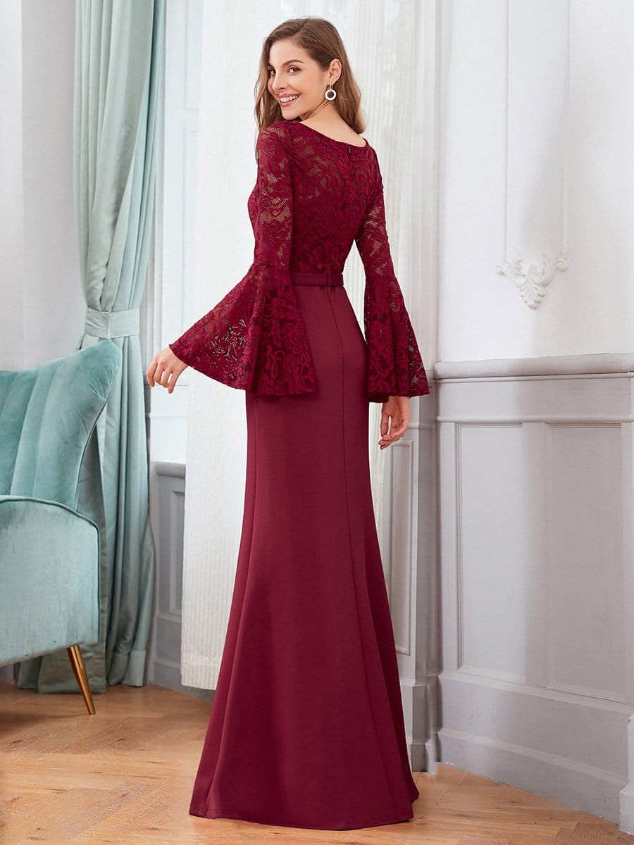 Color=Burgundy | Elegant Round Neckline Lace Mermaid Evening Dress-Burgundy 2 Color=Burgundy | Elegant Round Neckline Lace Mermaid Evening Dress-Burgundy 2