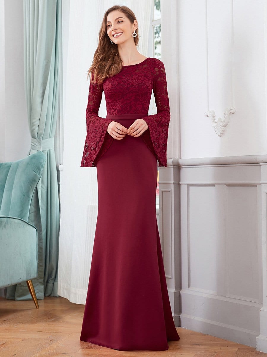 Color=Burgundy | Elegant Round Neckline Lace Mermaid Evening Dress-Burgundy 4 Color=Burgundy | Elegant Round Neckline Lace Mermaid Evening Dress-Burgundy 4