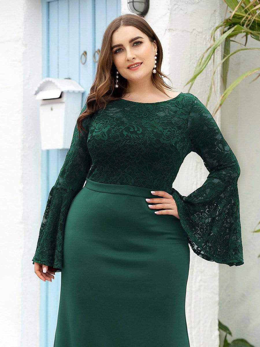 Color=Dark Green | Elegant Round Neckline Lace Mermaid Evening Dress-Dark Green 10 Color=Dark Green | Elegant Round Neckline Lace Mermaid Evening Dress-Dark Green 10