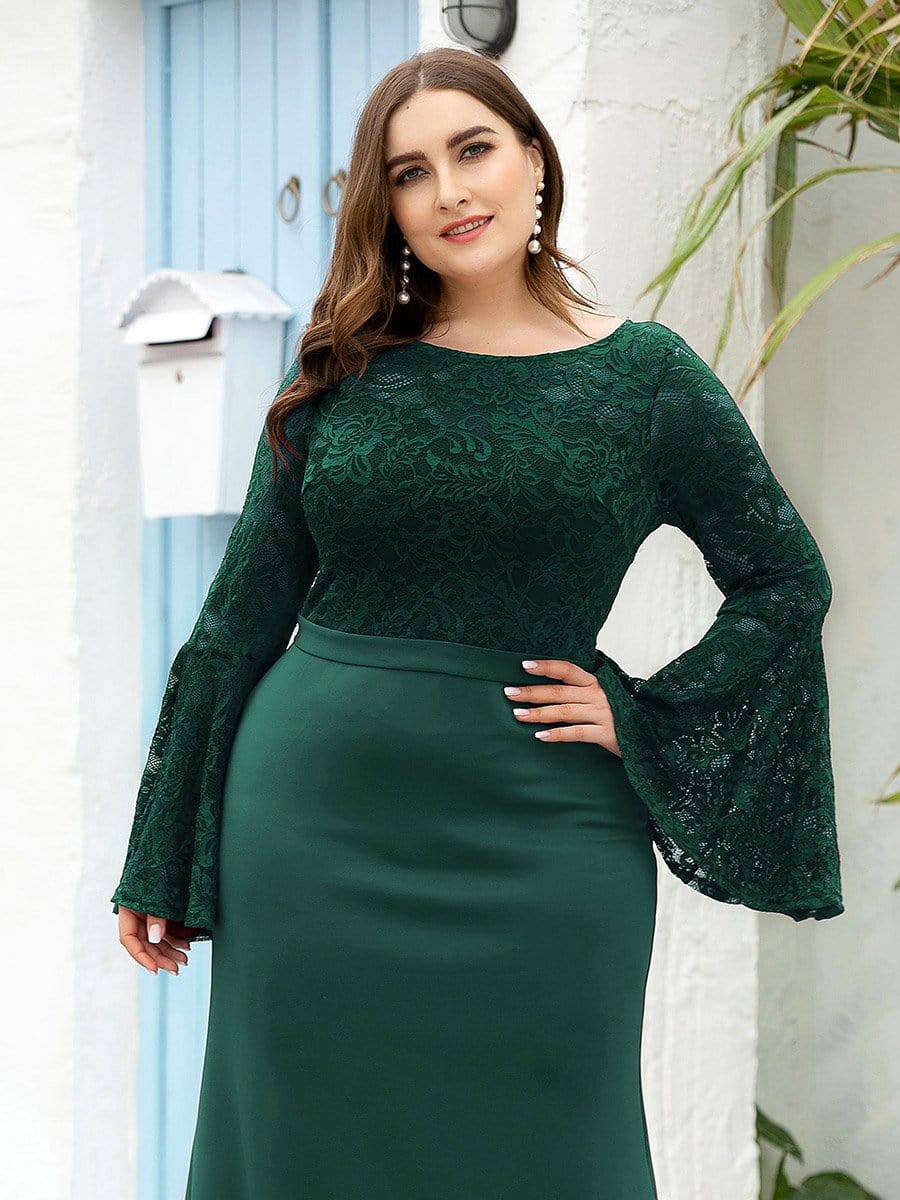 Color=Dark Green | Casaul Bodycon Plus Size Evening Dress with Flare Sleeves-Dark Green 5 Color=Dark Green | Casaul Bodycon Plus Size Evening Dress with Flare Sleeves-Dark Green 5