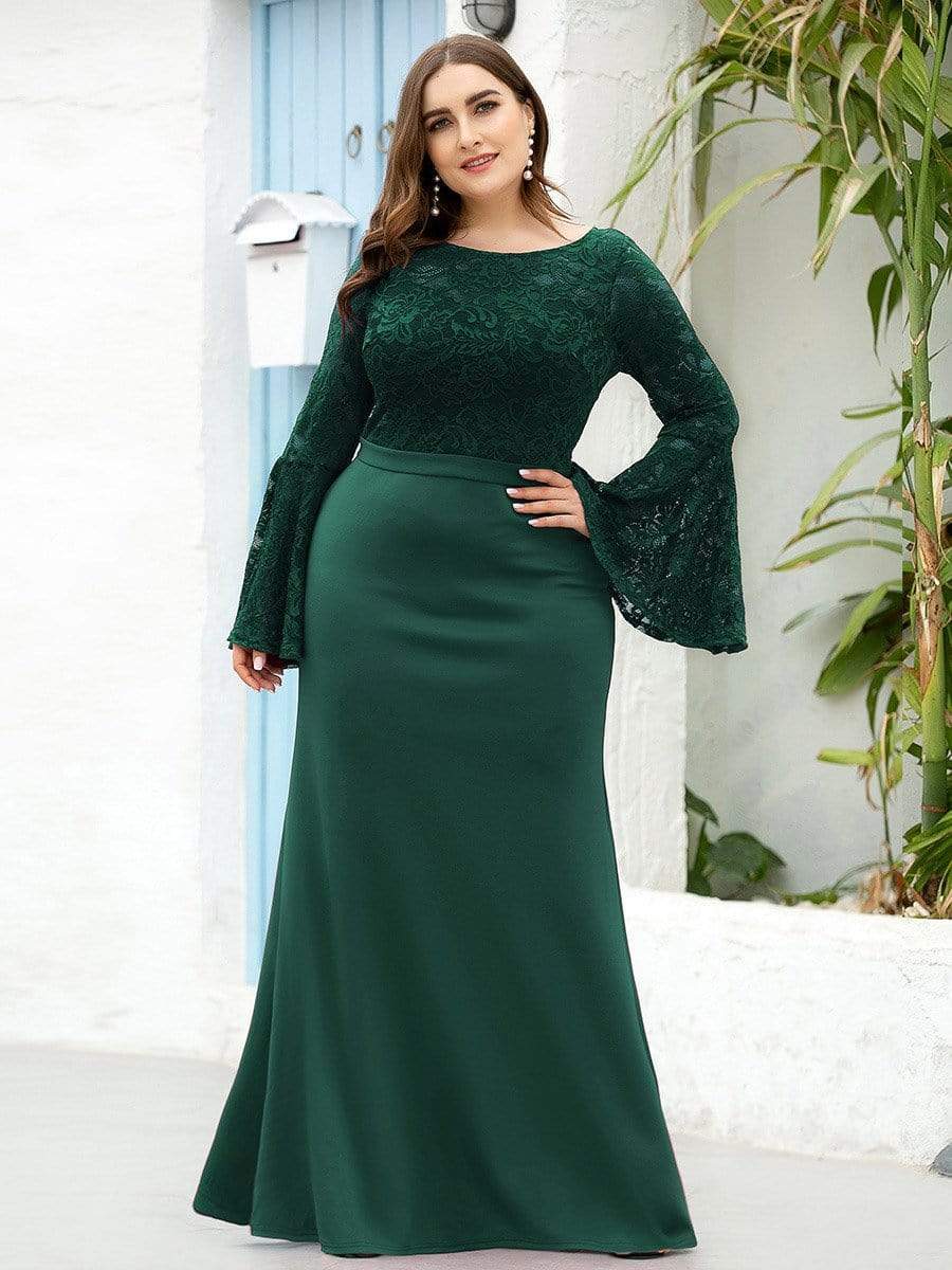 Color=Dark Green | Elegant Round Neckline Lace Mermaid Evening Dress-Dark Green 6 Color=Dark Green | Elegant Round Neckline Lace Mermaid Evening Dress-Dark Green 6
