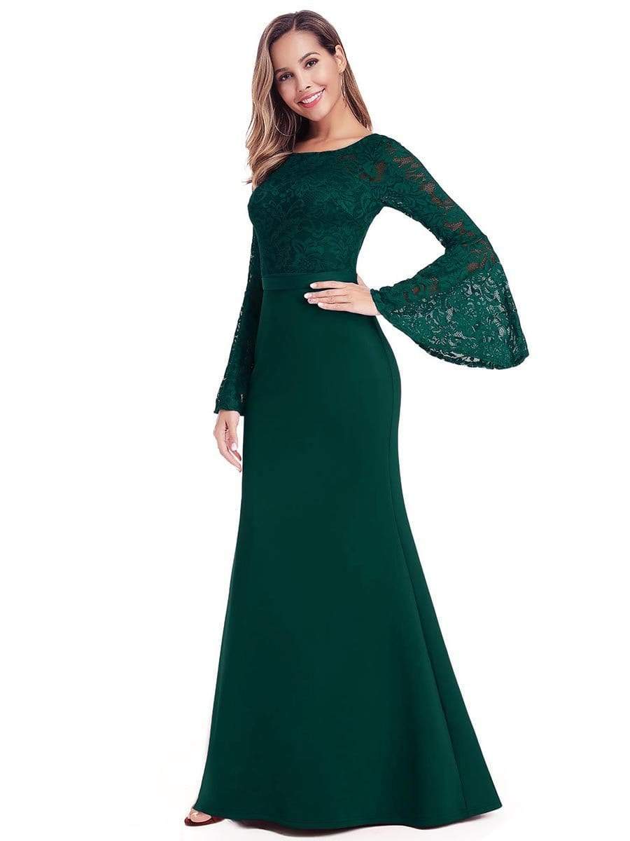 Color=Dark Green | Elegant Round Neckline Lace Mermaid Evening Dress-Dark Green 4 Color=Dark Green | Elegant Round Neckline Lace Mermaid Evening Dress-Dark Green 4