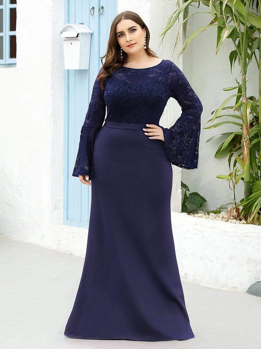 Color=Navy Blue | Elegant Round Neckline Lace Mermaid Evening Dress-Navy Blue 8 Color=Navy Blue | Elegant Round Neckline Lace Mermaid Evening Dress-Navy Blue 8