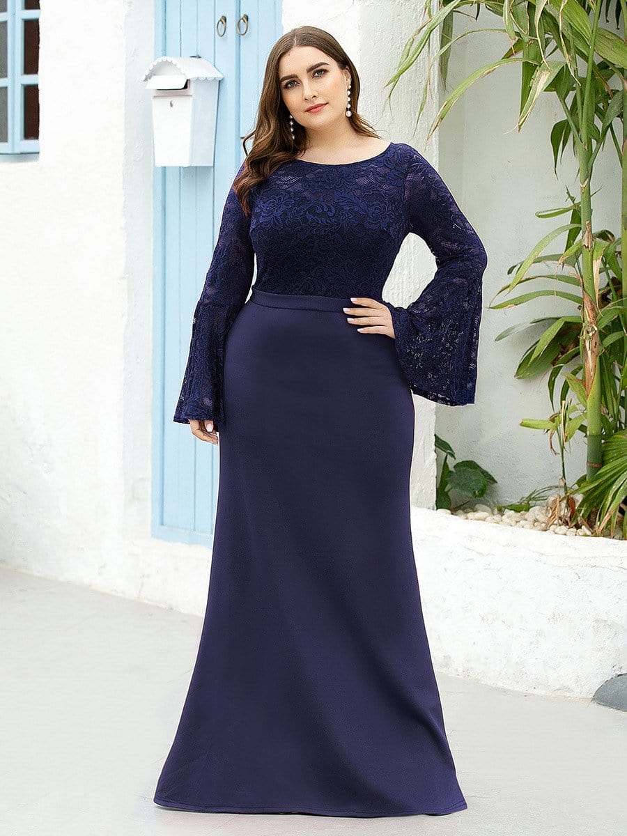 Color=Navy Blue | Casaul Bodycon Plus Size Evening Dress with Flare Sleeves-Navy Blue 3 Color=Navy Blue | Casaul Bodycon Plus Size Evening Dress with Flare Sleeves-Navy Blue 3