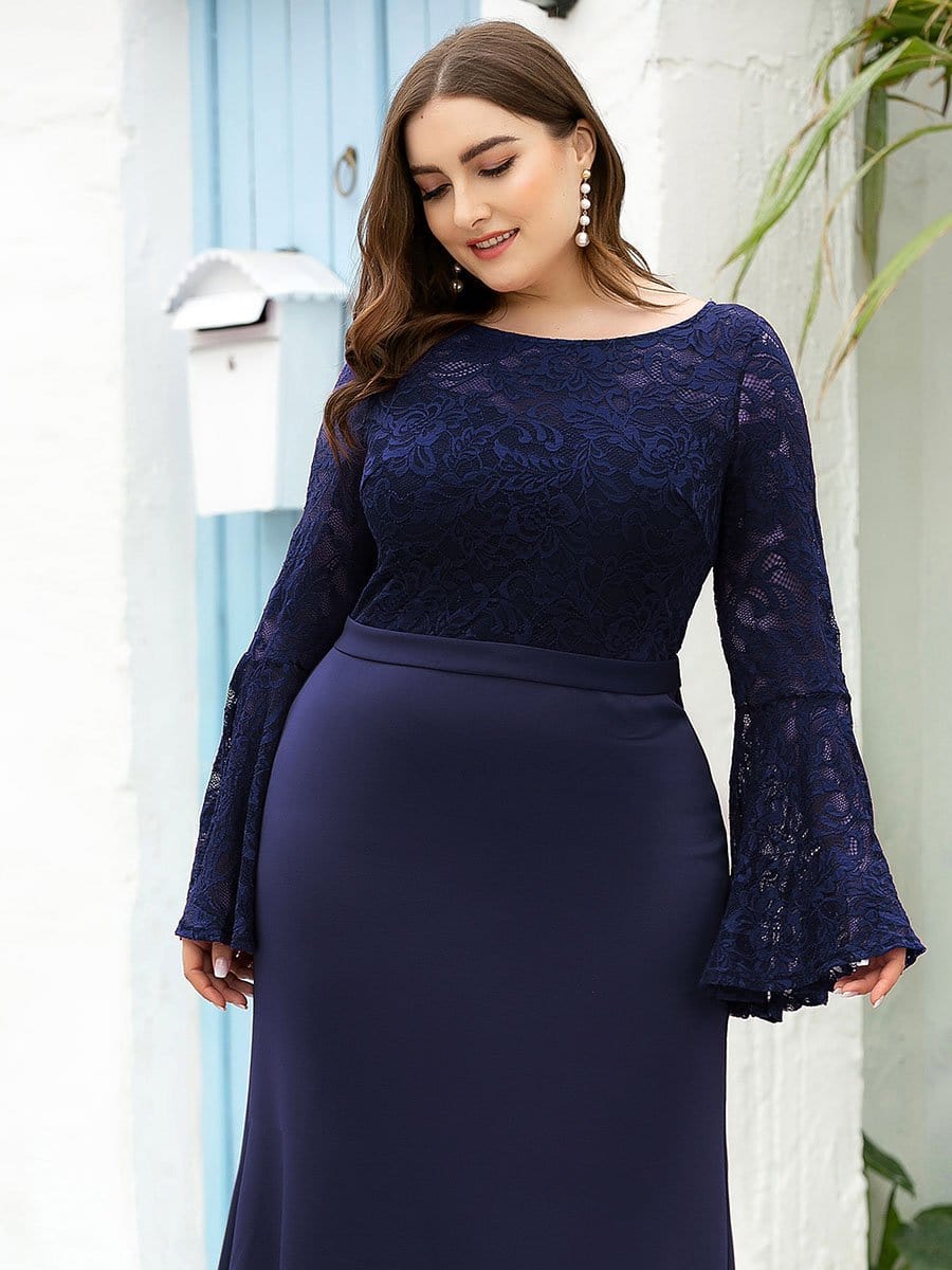 Color=Navy Blue | Casaul Bodycon Plus Size Evening Dress with Flare Sleeves-Navy Blue 5 Color=Navy Blue | Casaul Bodycon Plus Size Evening Dress with Flare Sleeves-Navy Blue 5