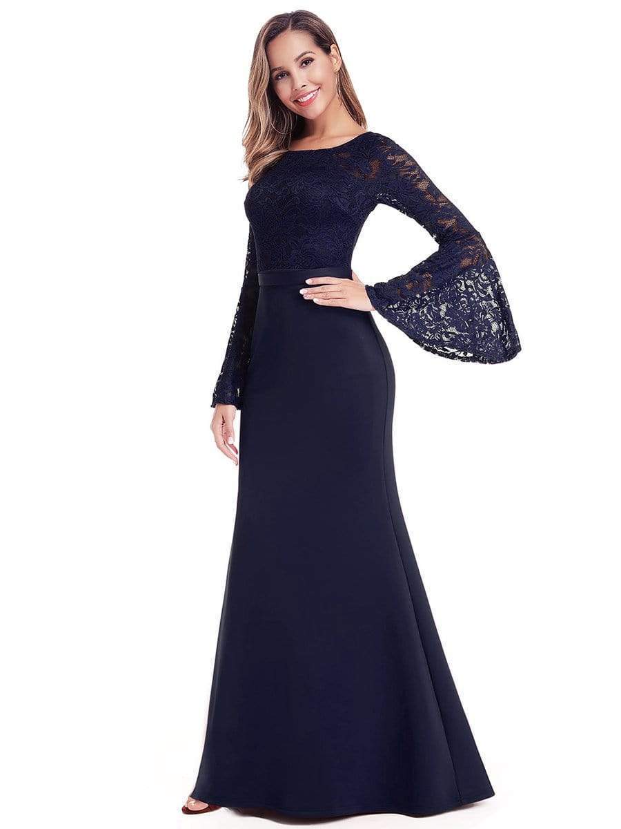 Color=Navy Blue | Elegant Round Neckline Lace Mermaid Evening Dress-Navy Blue 4 Color=Navy Blue | Elegant Round Neckline Lace Mermaid Evening Dress-Navy Blue 4