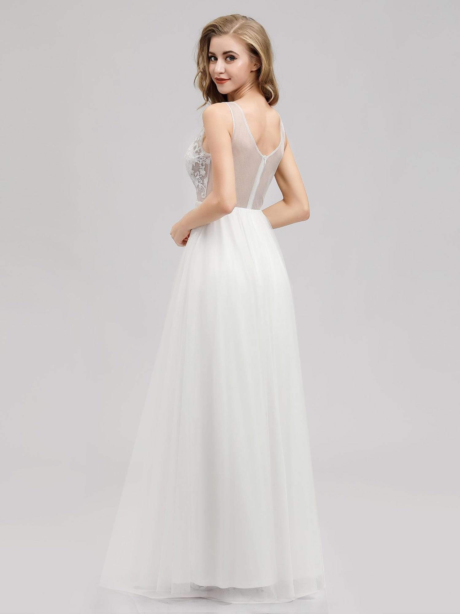 Color=Cream | V Neck Minimalist Tulle Wedding Dress-Cream 2 Color=Cream | V Neck Minimalist Tulle Wedding Dress-Cream 2