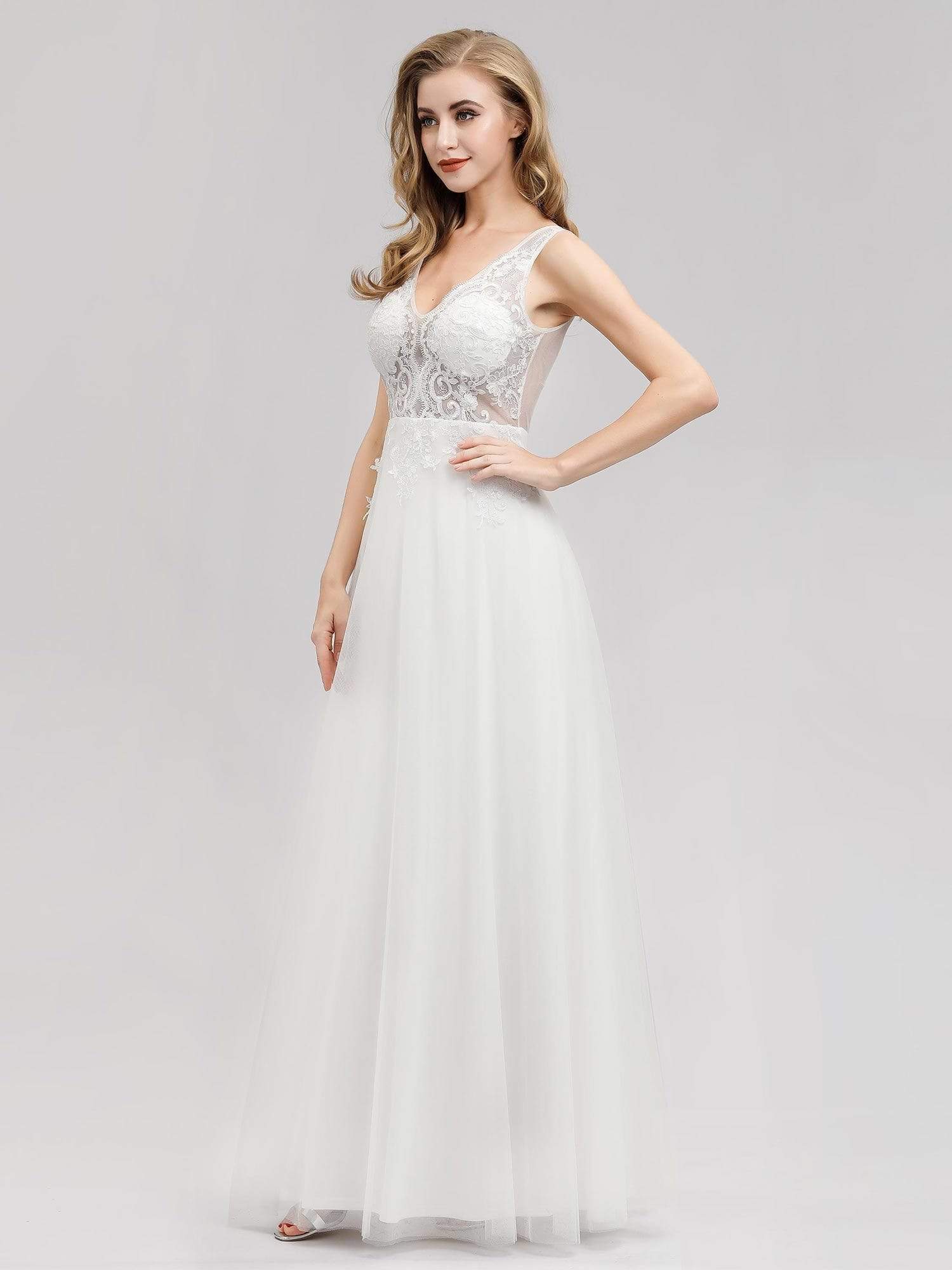 Color=Cream | V Neck Minimalist Tulle Wedding Dress-Cream 4 Color=Cream | V Neck Minimalist Tulle Wedding Dress-Cream 4