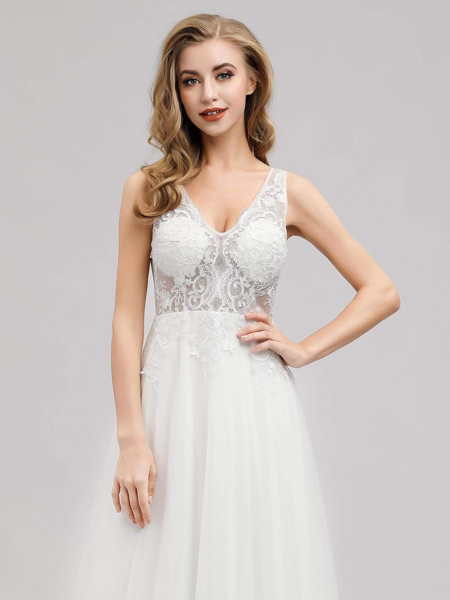 Color=Cream | V Neck Minimalist Tulle Wedding Dress-Cream 5 Color=Cream | V Neck Minimalist Tulle Wedding Dress-Cream 5