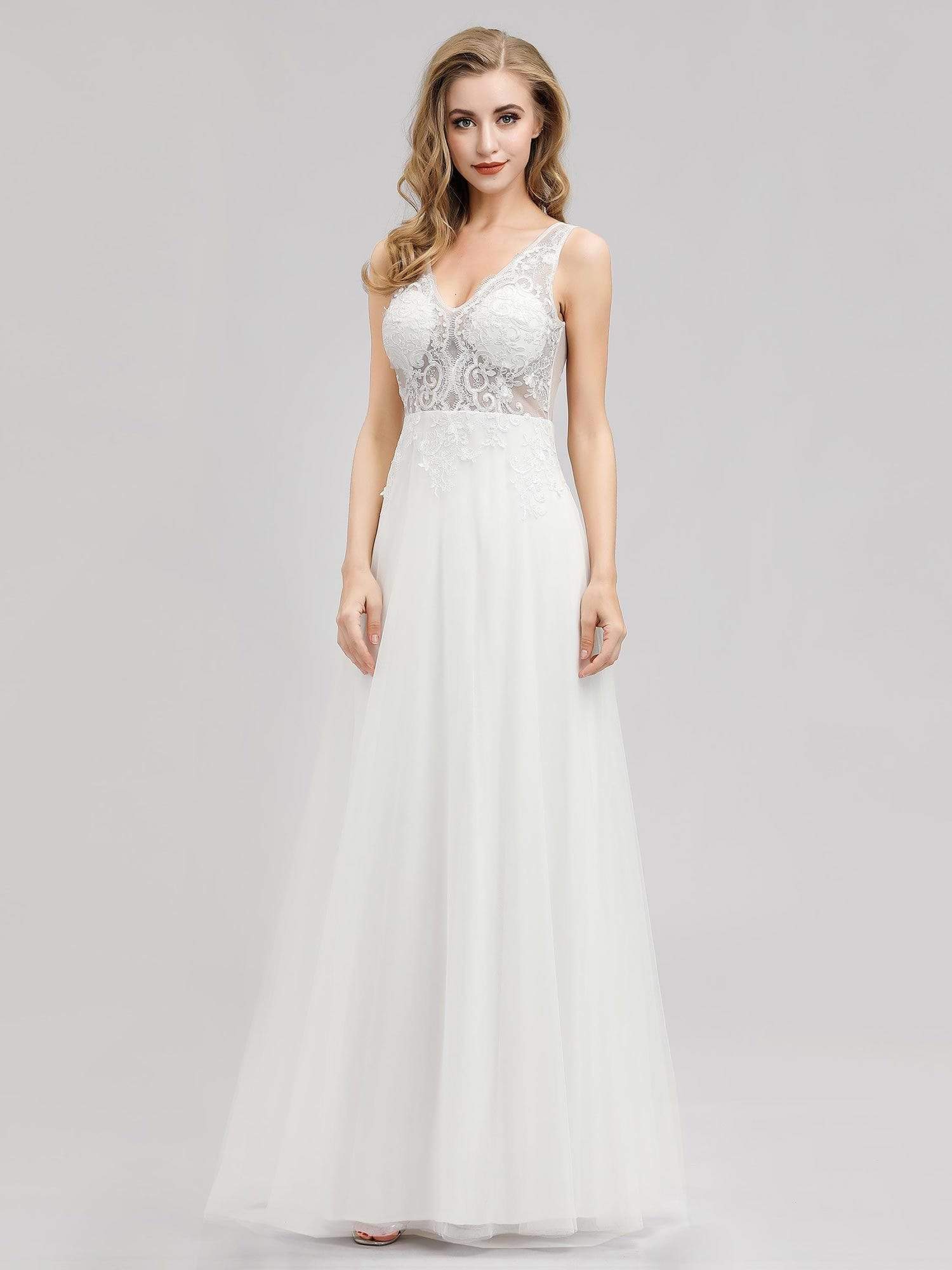 Color=Cream | V Neck Minimalist Tulle Wedding Dress-Cream 1 Color=Cream | V Neck Minimalist Tulle Wedding Dress-Cream 1