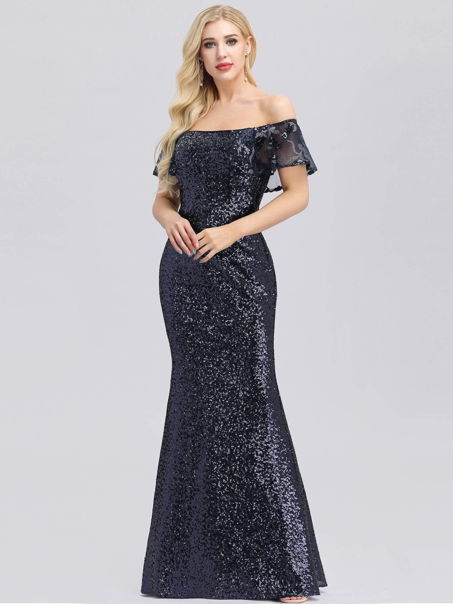 Color=Navy Blue | Women'S Off Shoulder Ruffle Sleeve Sequin Evening Dress-Navy Blue 3 Color=Navy Blue | Women'S Off Shoulder Ruffle Sleeve Sequin Evening Dress-Navy Blue 3