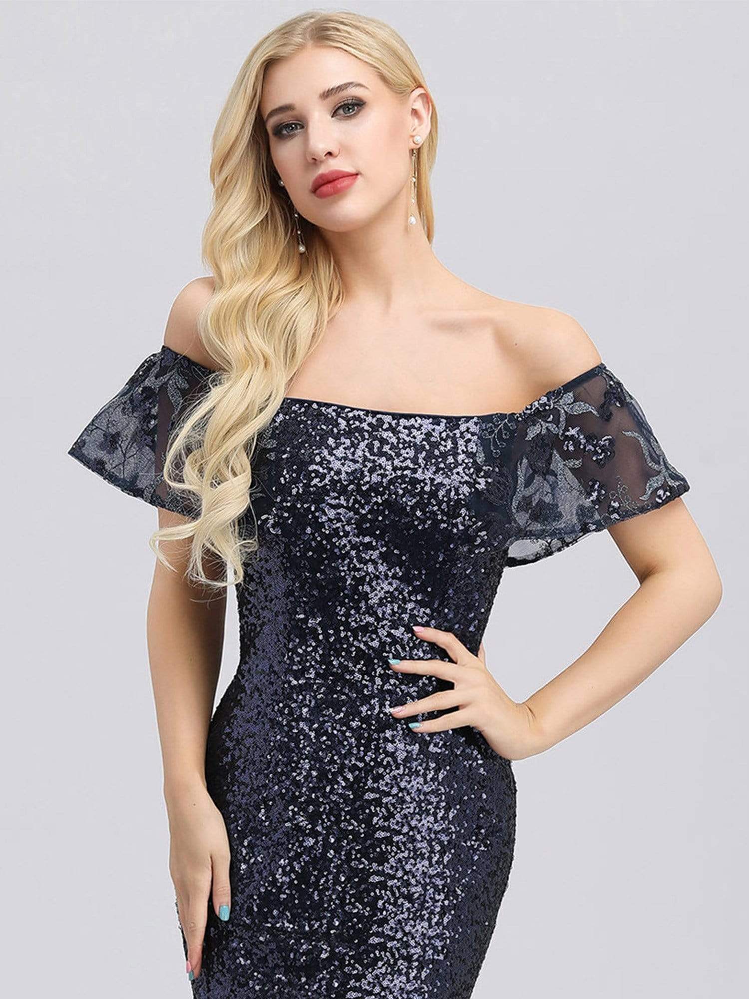 Color=Navy Blue | Women'S Off Shoulder Ruffle Sleeve Sequin Evening Dress-Navy Blue 4 Color=Navy Blue | Women'S Off Shoulder Ruffle Sleeve Sequin Evening Dress-Navy Blue 4