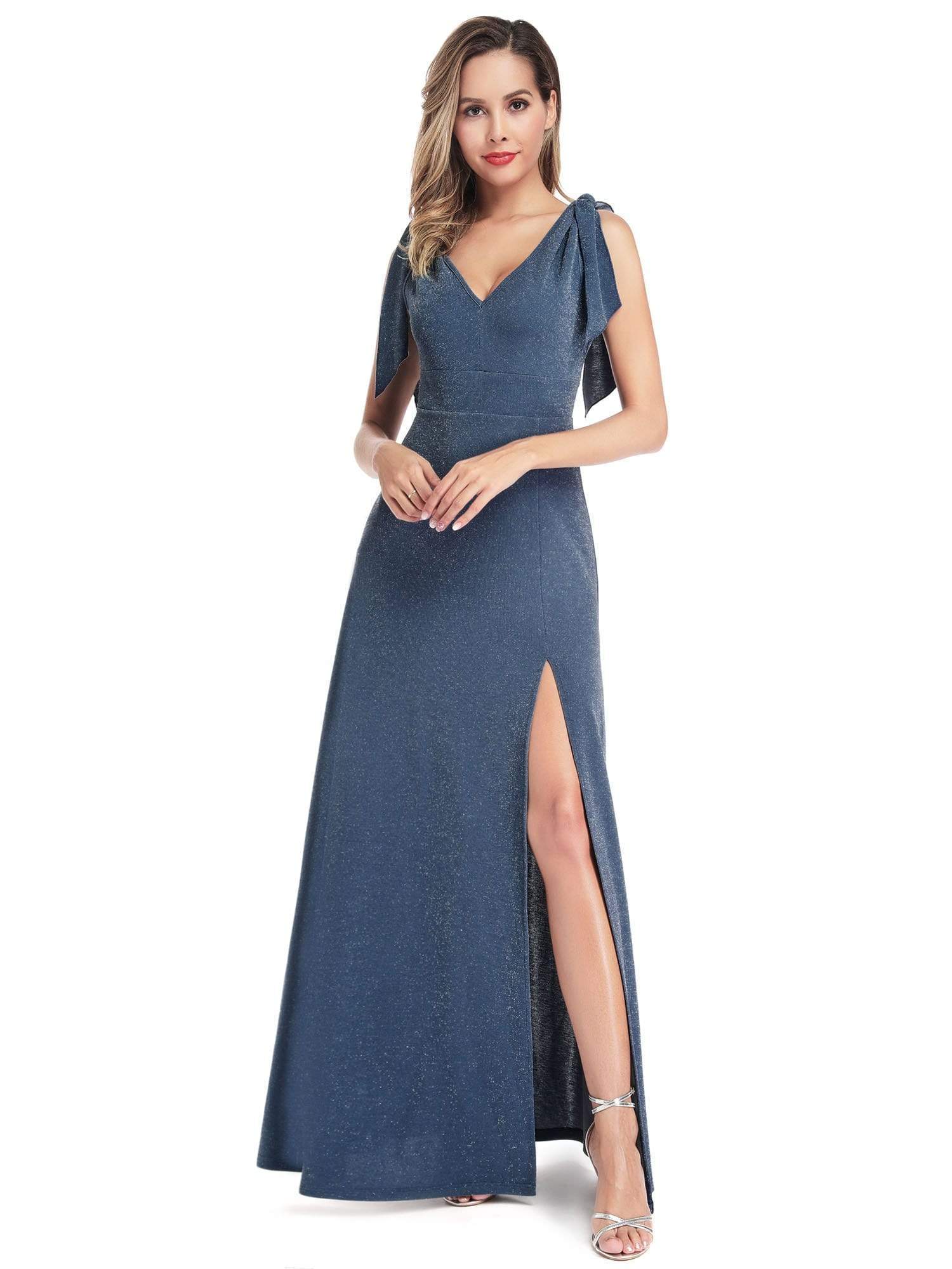Color=Dusty Navy | Women'S V-Neck Sleeveless Side Split Maxi Dress-Dusty Navy 3 Color=Dusty Navy | Women'S V-Neck Sleeveless Side Split Maxi Dress-Dusty Navy 3