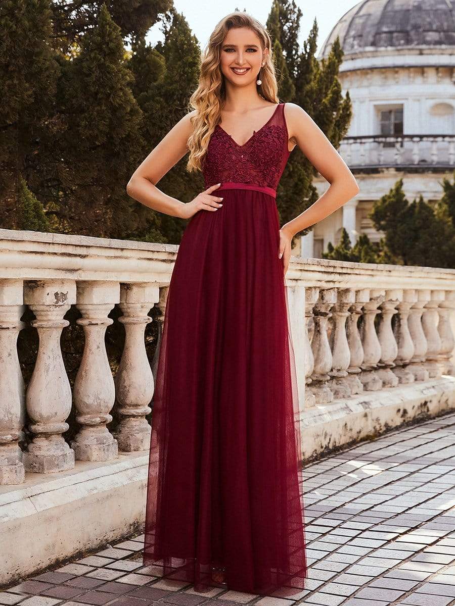 Color=Burgundy | Women'S A-Line V-Neck Floral Lace Appliques Bridesmaid Dress-Burgundy 1 Color=Burgundy | Women'S A-Line V-Neck Floral Lace Appliques Bridesmaid Dress-Burgundy 1