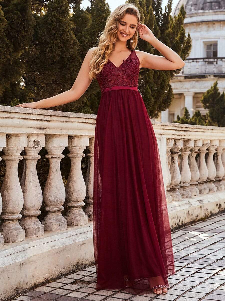 Color=Burgundy | Women'S A-Line V-Neck Floral Lace Appliques Bridesmaid Dress-Burgundy 4 Color=Burgundy | Women'S A-Line V-Neck Floral Lace Appliques Bridesmaid Dress-Burgundy 4