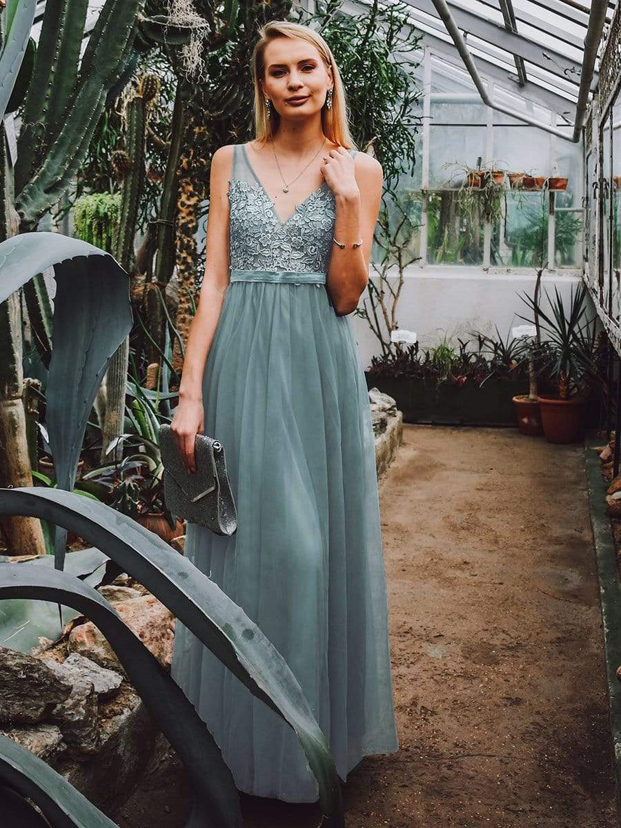 Color=Dusty Blue | Women'S A-Line V-Neck Floral Lace Appliques Bridesmaid Dress-Dusty Blue 7 Color=Dusty Blue | Women'S A-Line V-Neck Floral Lace Appliques Bridesmaid Dress-Dusty Blue 7