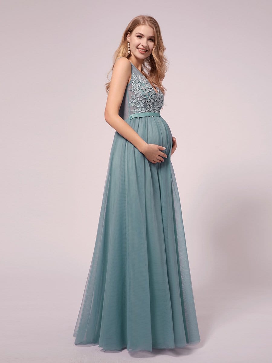 Color=Dusty Blue | Women's A-Line V-Neck Floral Lace Appliques Maternity Dresses-Dusty Blue 3 Color=Dusty Blue | Women's A-Line V-Neck Floral Lace Appliques Maternity Dresses-Dusty Blue 3