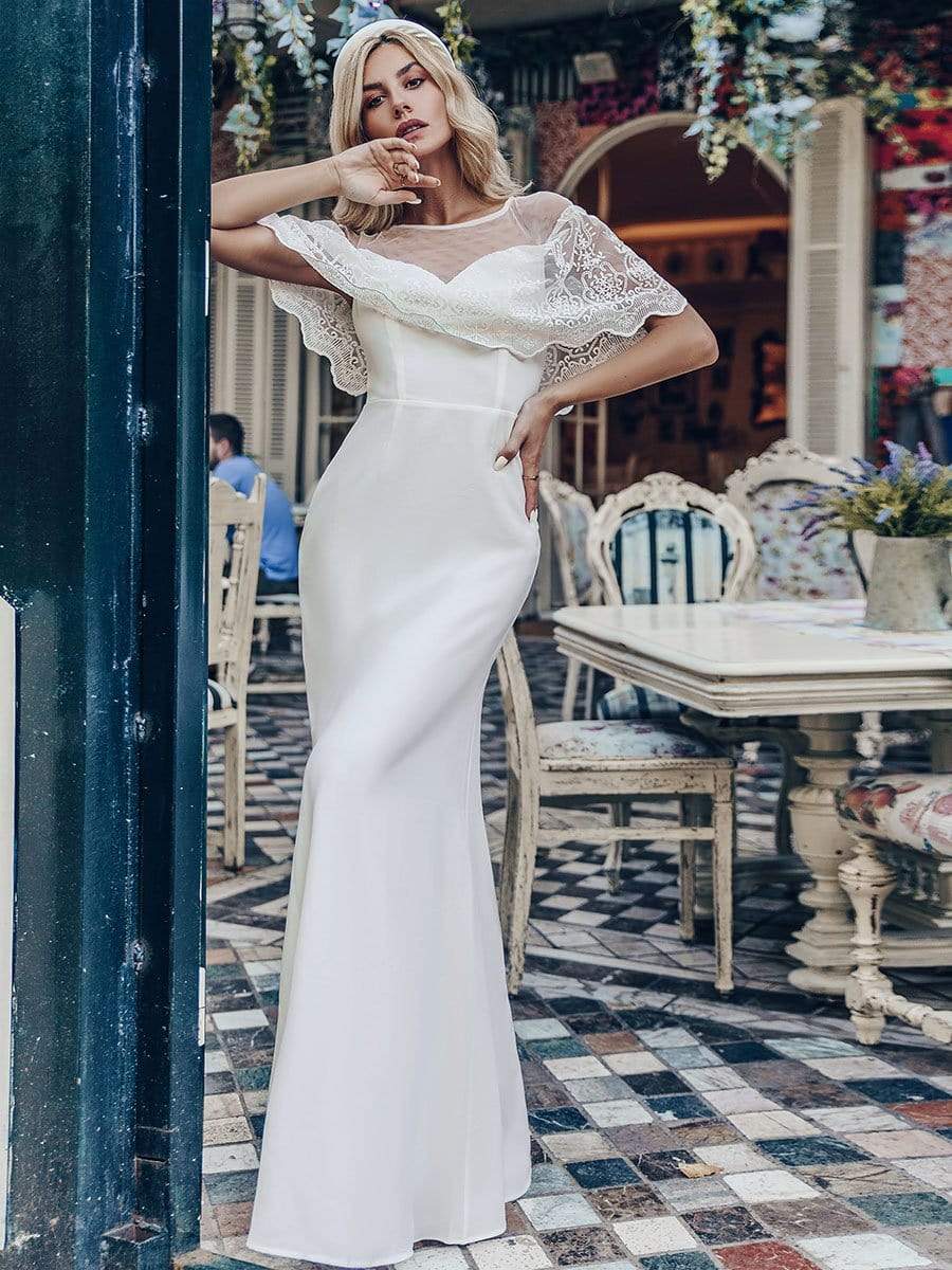 Color=White | Women'S Sweetheart Illusion Ruffle Sleeves Floor-Length Wedding Dress-White 11 Color=White | Women'S Sweetheart Illusion Ruffle Sleeves Floor-Length Wedding Dress-White 11