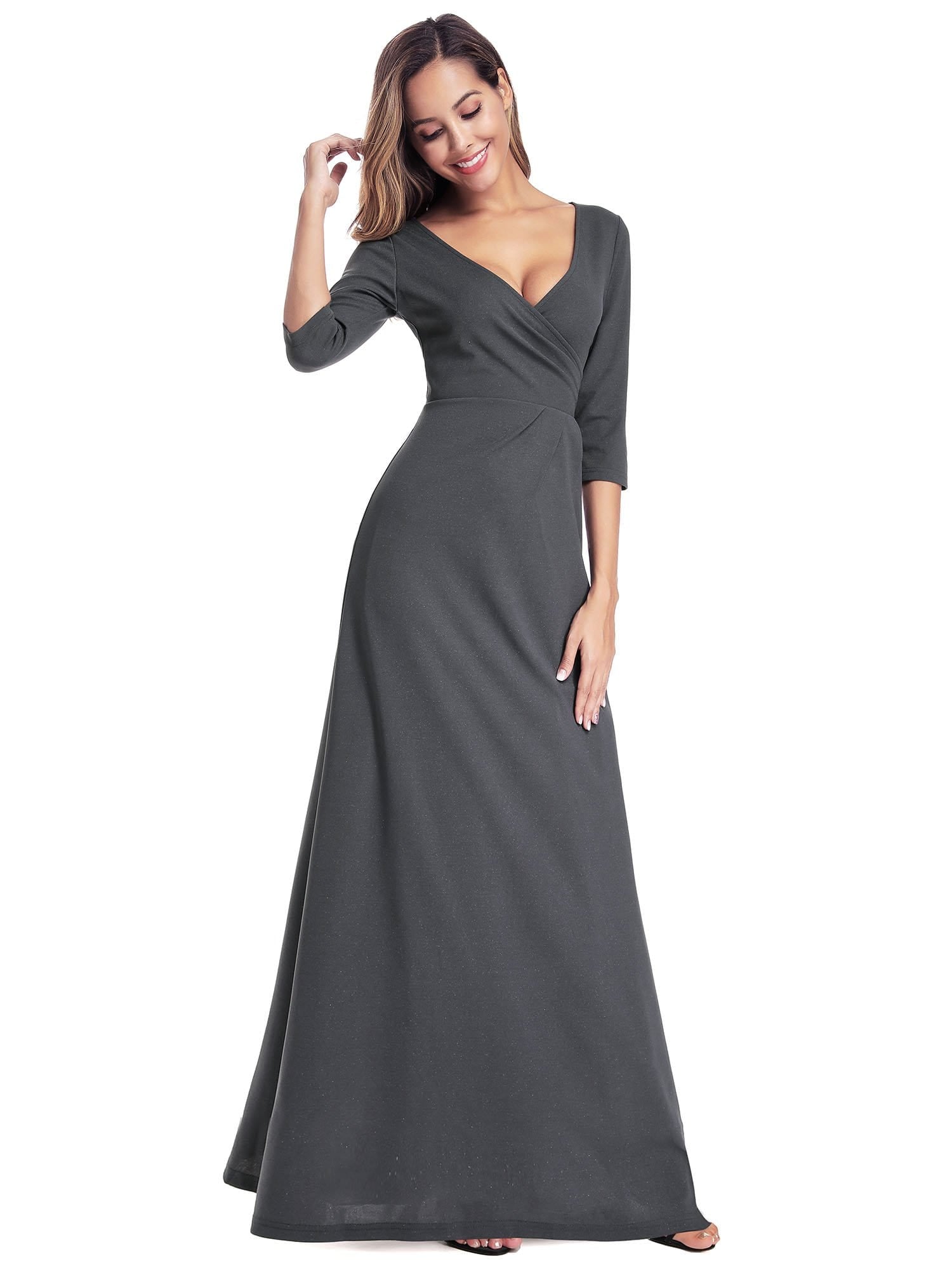 Color=Deep Grey | Women'S V-Neck Wrap 3/4 Sleeve Floor-Length Evening Dress-Deep Grey 3 Color=Deep Grey | Women'S V-Neck Wrap 3/4 Sleeve Floor-Length Evening Dress-Deep Grey 3