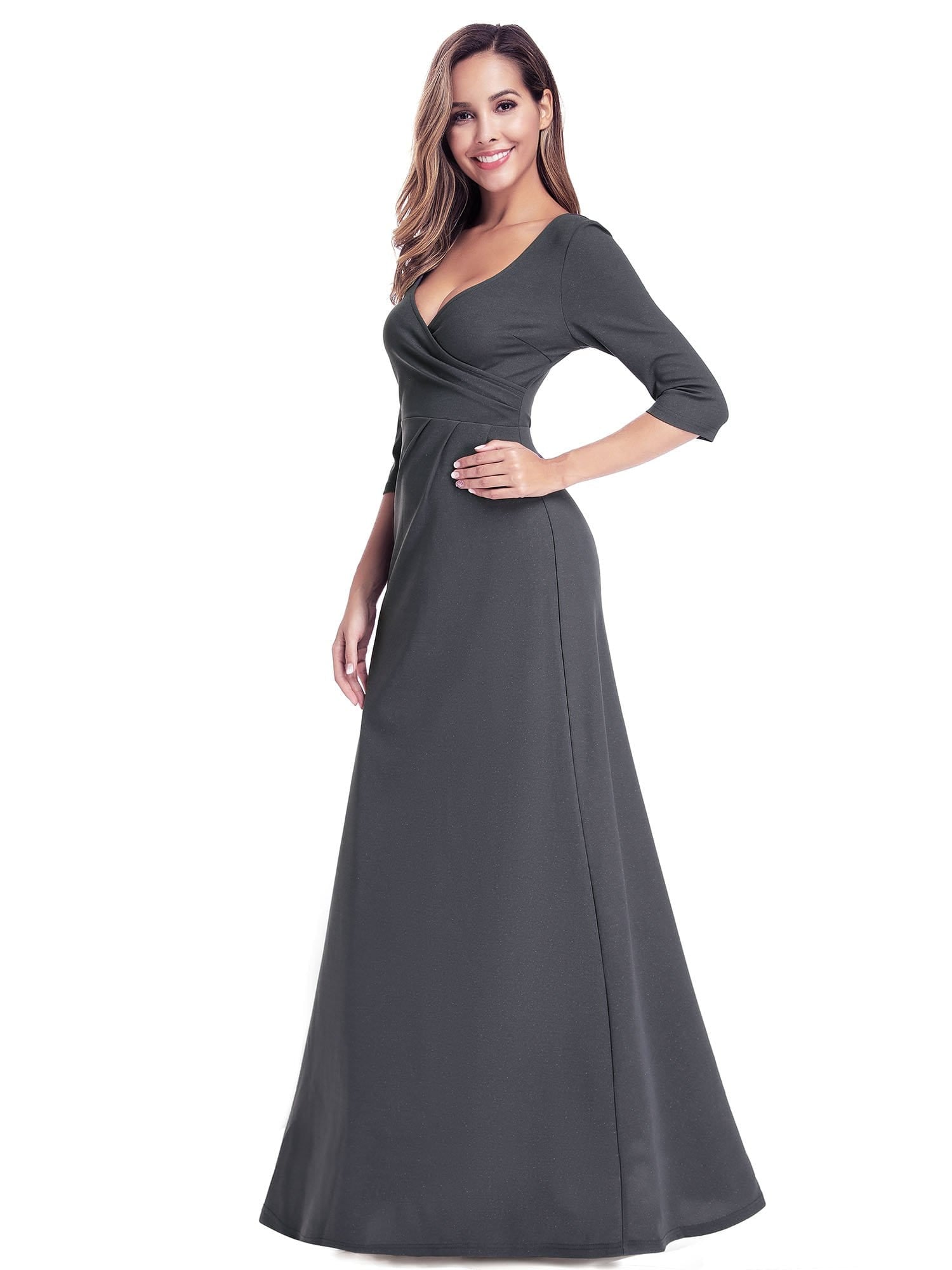 Color=Deep Grey | Women'S V-Neck Wrap 3/4 Sleeve Floor-Length Evening Dress-Deep Grey 4 Color=Deep Grey | Women'S V-Neck Wrap 3/4 Sleeve Floor-Length Evening Dress-Deep Grey 4