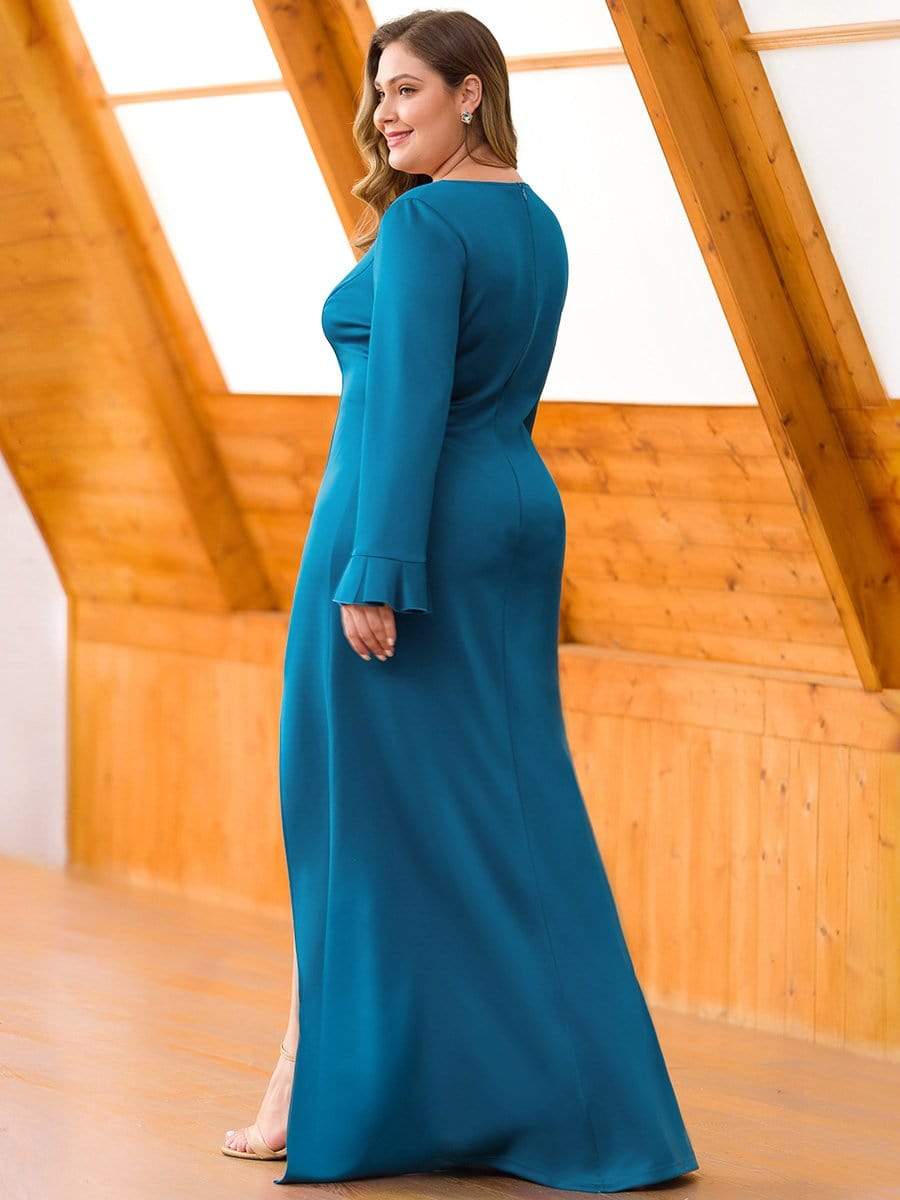 Color=Teal | Plus Size Elegant V Neck High Slit Evening Dress-Teal 2 Color=Teal | Plus Size Elegant V Neck High Slit Evening Dress-Teal 2